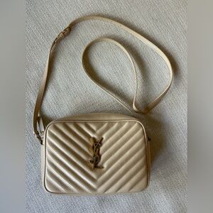 Saint Laurent Cream Quilted Leather Crossbody Camera Bag with Gold YSL